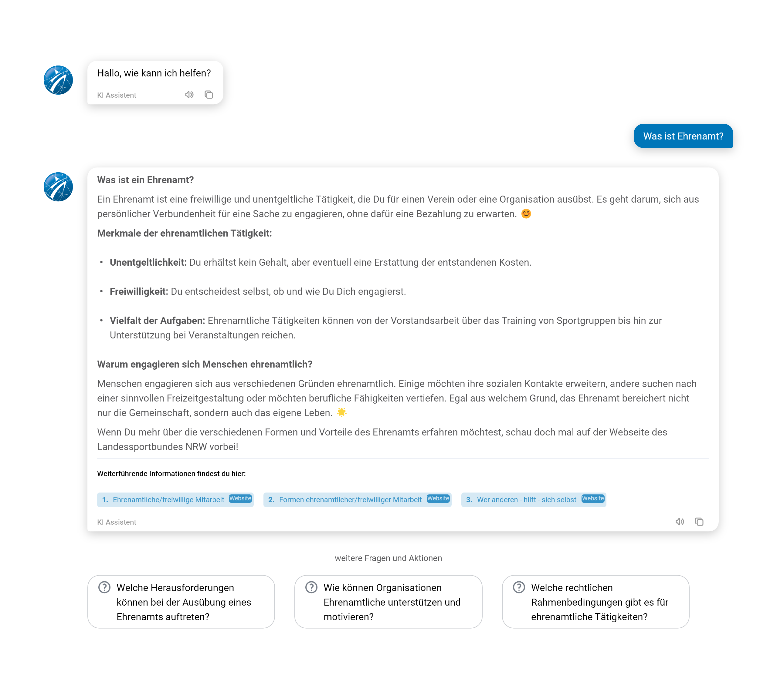 Chatbot-Dialog auf der Website des Landessportbundes Nordrhein-Westfalen zum Thema Ehrenamt im Sport: Der KI-Assistent erklärt Definition, Merkmale und Motivation ehrenamtlicher Tätigkeit und verweist auf weiterführende Informationen. Die Antwort ist übersichtlich mit Stichpunkten und Emojis gestaltet. Das Bild zeigt die Fähigkeit des Chatbots, Grundlagenwissen zu vermitteln und Nutzer gezielt zu weiterführenden Ressourcen zu leiten.