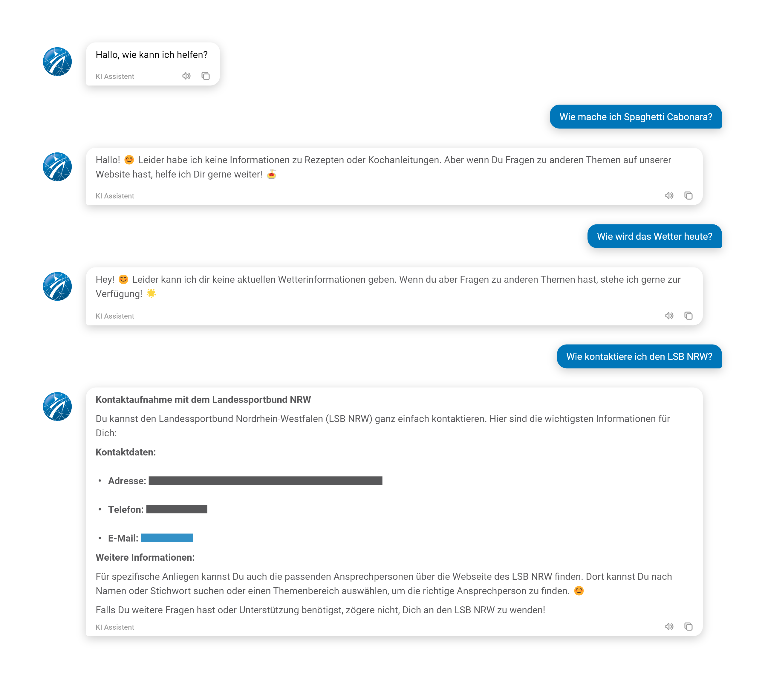 Abbildung eines Chatverlaufs auf der Website des Landessportbundes Nordrhein-Westfalen mit Fragen zur Kontaktaufnahme mit dem Landessportbund NRW sowie unpassende Fragen zum Wetter und Koch-Rezepten. Der KI-Assistent gibt hilfreiche Kontaktinformationen zum Verband und kommuniziert bei themenfremden Anfragen transparent seine Grenzen. Die Darstellung macht deutlich, wie der Chatbot Nutzer gezielt zu relevanten Website-Themen führt und seinen Zuständigkeitsbereich klar abgrenzt.